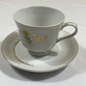 Designers Collection Tea Cup Saucer Set White Golden 50th Anniversary